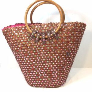 VTG RARE Victoria Secret Sequined Basket Woven Tote Handbag w/Wooden Handles